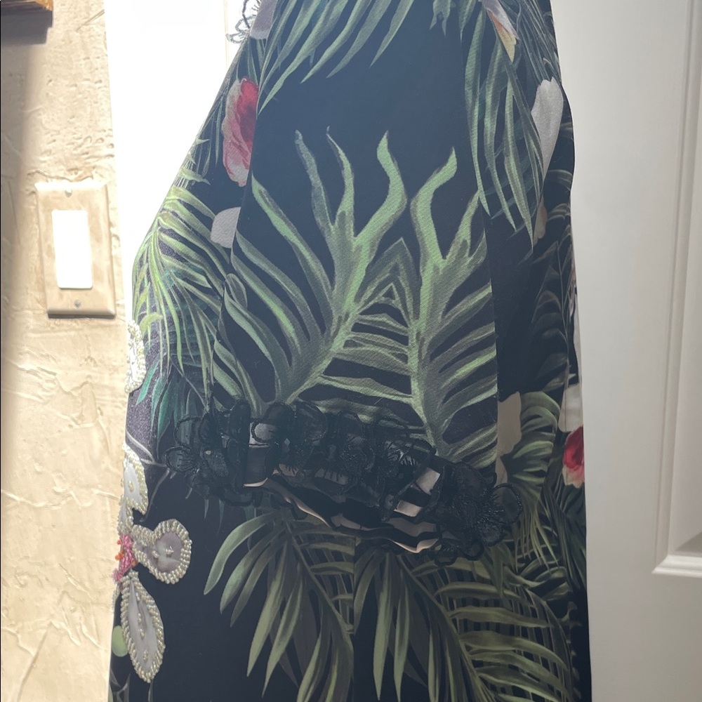 Tropical Floral Embroidered Shift Dress - Black with Green & Pink - Picture 9 of 15